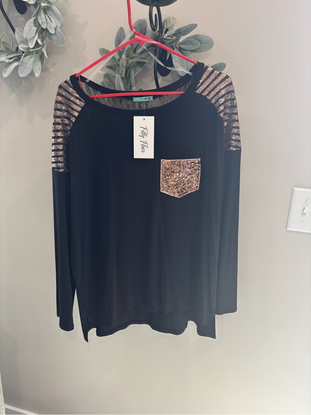 Filly flair large Black Top with Rose Gold Sequin Pocket & Shoulder Detail